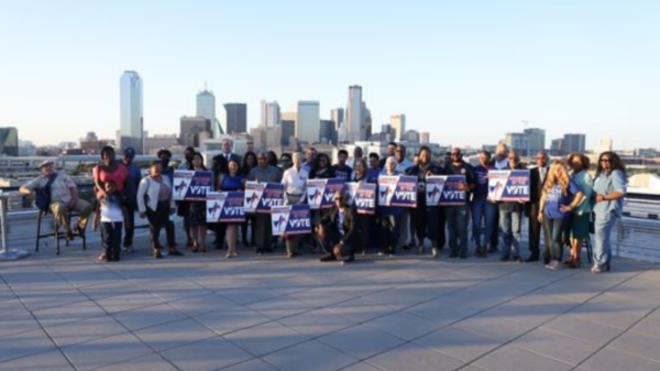 Texas Democratic candidates and attendees pose for a group photo to show solidarity