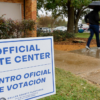 A voter exits a polling place on Election Day