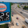 A billboard over Interstate 80 displays a Mega Millions lottery jackpot