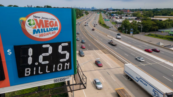 A billboard over Interstate 80 displays a Mega Millions lottery jackpot