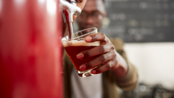 Young African bartender pouring beer in craft brewery.